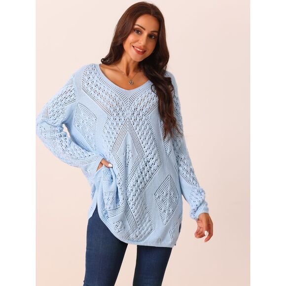 V Neck Long Sleeve Hollow Cable Knit Loose Casual Pullover Sweaters Blue - Picture 2 of 5